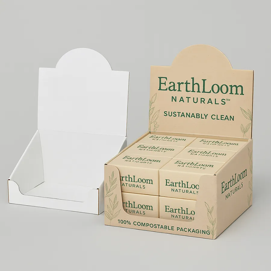 Wholesale display box with round header- kraft paper- branded -EarthLoom Naturals- with soap bars- class=